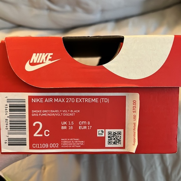 🆕 Nike Air Max 270 Extreme (TD) ‘Smoke Grey Volt’ Size 2C (newborn) - Picture 7 of 8
